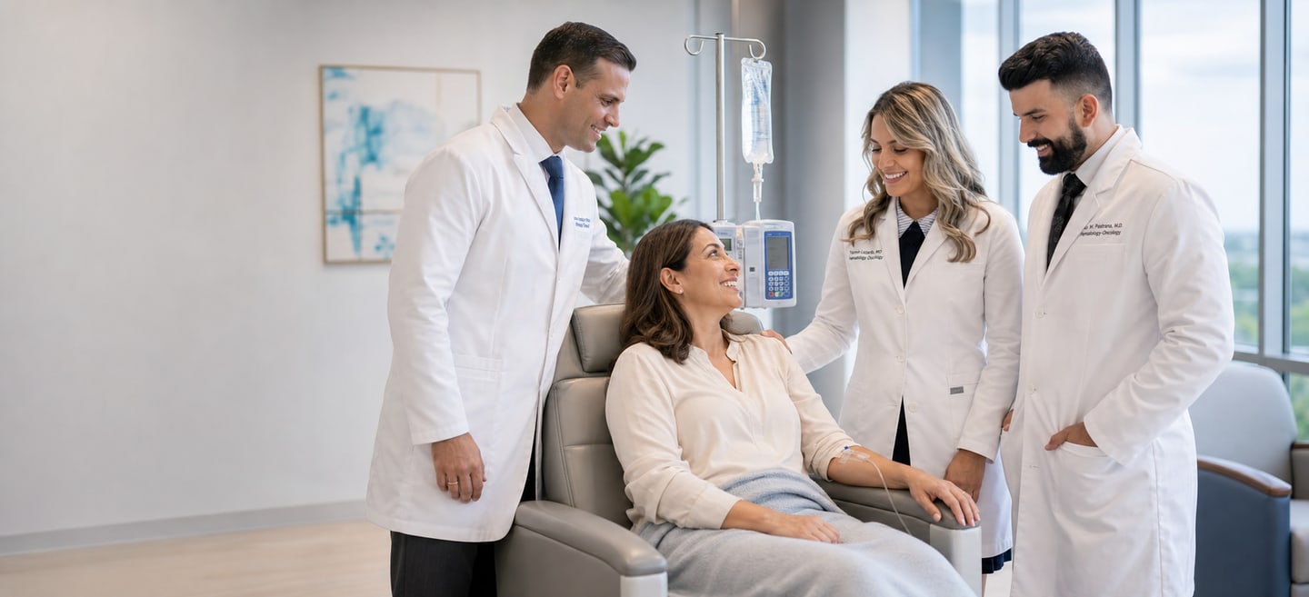 Miami Oncology Specialists - atención oncológica e infusión en Miami Paciente recibiendo atención de Miami Oncology Specialists en una clínica de oncología e infusión en Miami
