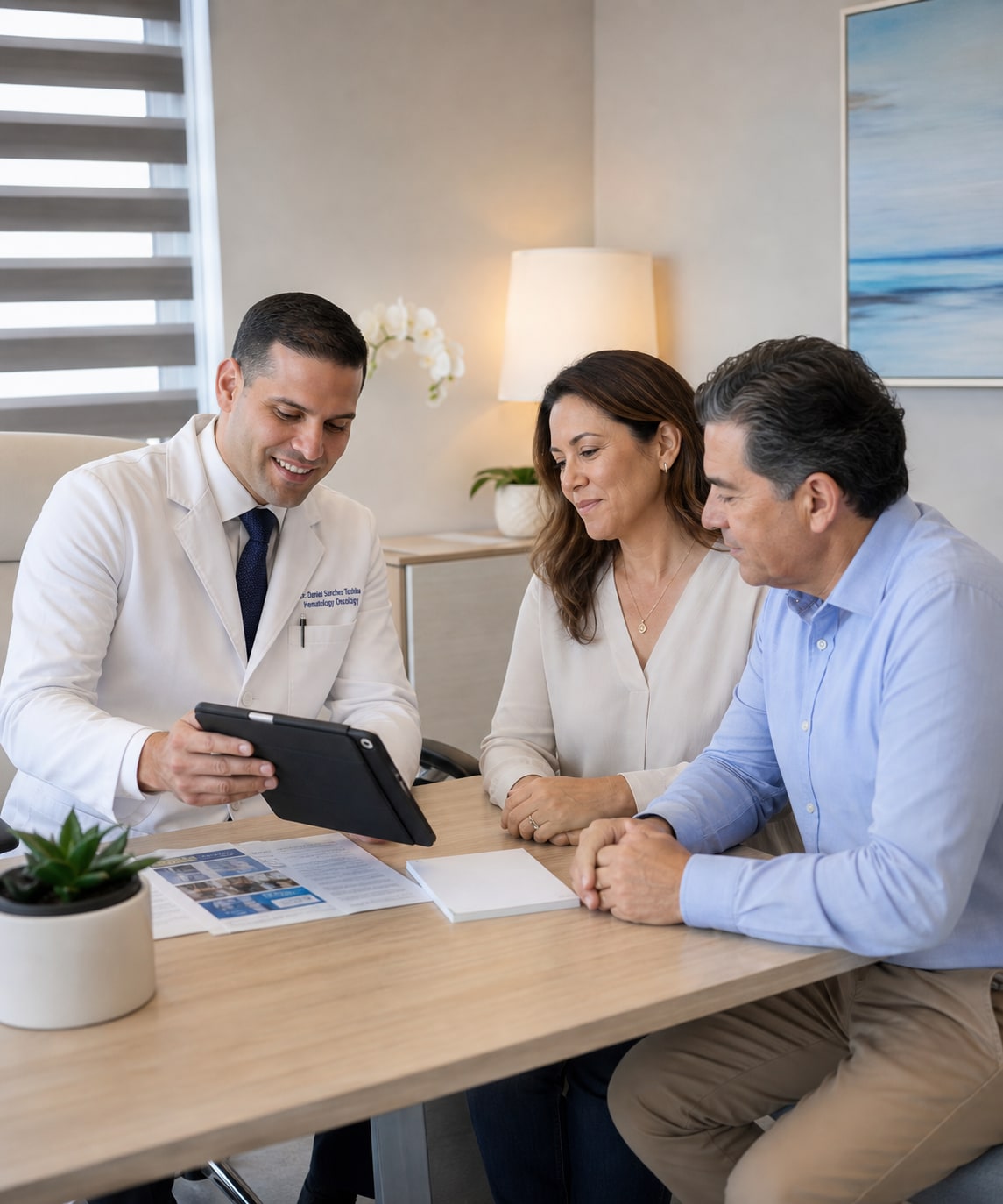 Empezamos con claridad - consulta oncológica en Miami Consulta de Miami Oncology Specialists explicando diagnóstico y próximos pasos a un paciente