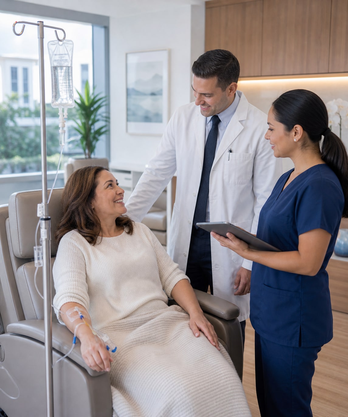 Tratamiento cerca de ti - infusión ambulatoria en Miami Paciente en tratamiento de infusión ambulatoria con equipo de Miami Oncology Specialists