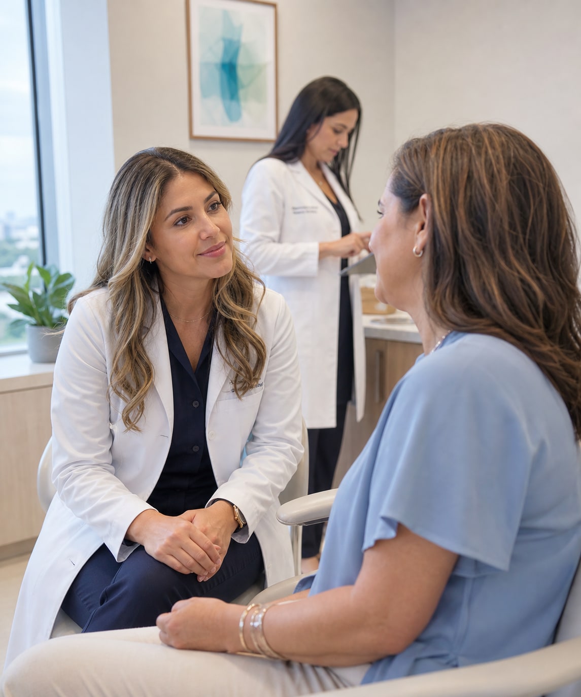 Atención que se siente personal - Miami Oncology Specialists Atención personal en Miami Oncology Specialists con médico escuchando a un paciente